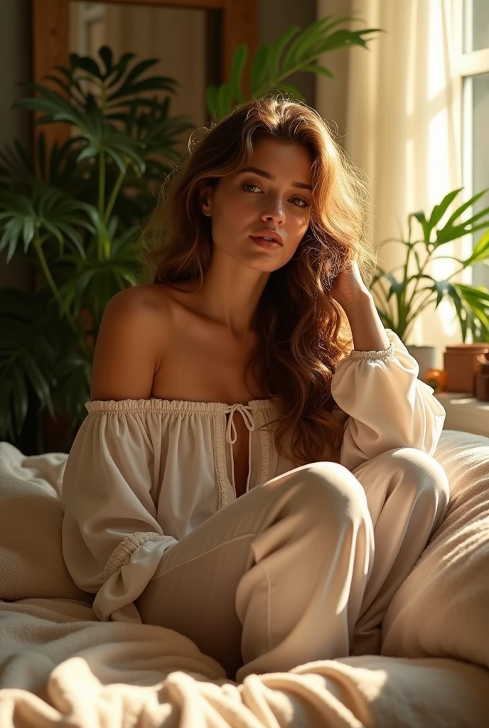 (photorealism:1.2), beautiful woman, sitting on bed, wearing loose off-shoulder top, pajama pants, long curly hair, indoors, soft lighting, plants in background, window with sunlight, cozy room, relaxed pose, realistic, intricate details, warm colors, by Greg Rutkowski, by Alphonse Mucha