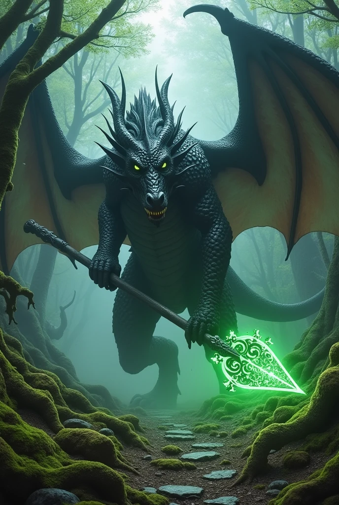 a legendary black dragon spear glowing green