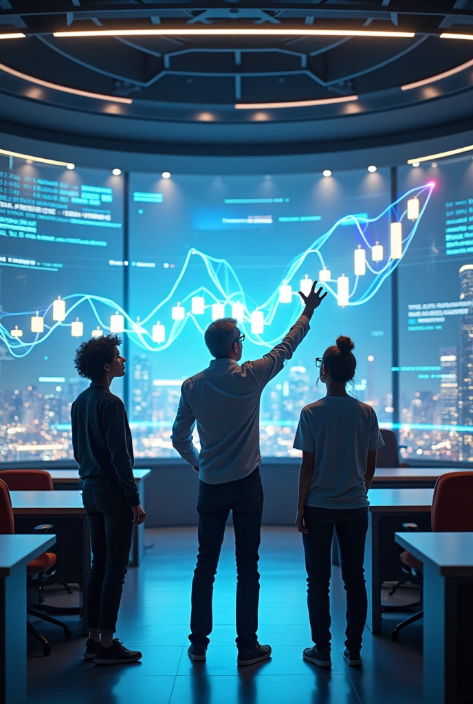 Represent the study of the economic growth cycle of a country with large statistical graphs in a futuristic style with a couple of young students, male and female, in a huge circular university classroom with an older professor.