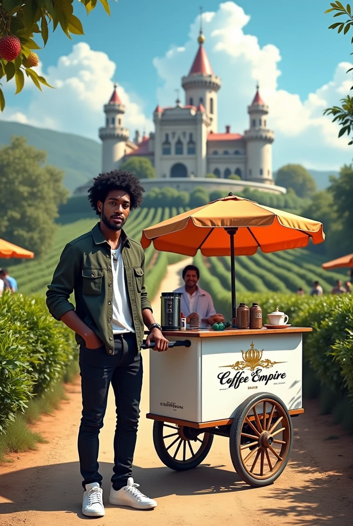 An imperial castle on a farm with coffee plantations with lots of fruit and a young black man with a teenage face and black, curly hair, good and down, with an American cut and a white blouse., with a logo that says coffee empire in Portuguese and very elegant black jeans and white sneakers, selling coffee in its white cart with the logo written coffee empire in Portuguese on the cart, with many customers around all this in design
