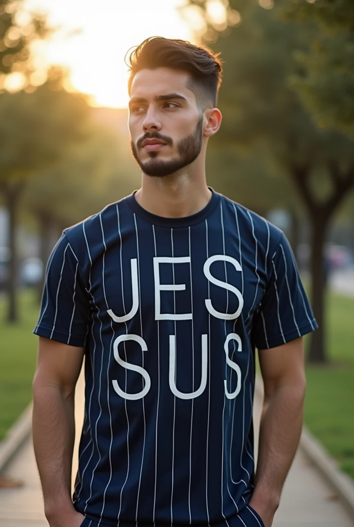 Navy blue t-shirt with thin white vertical stripes. writing "jesus" big on the front of the shirt