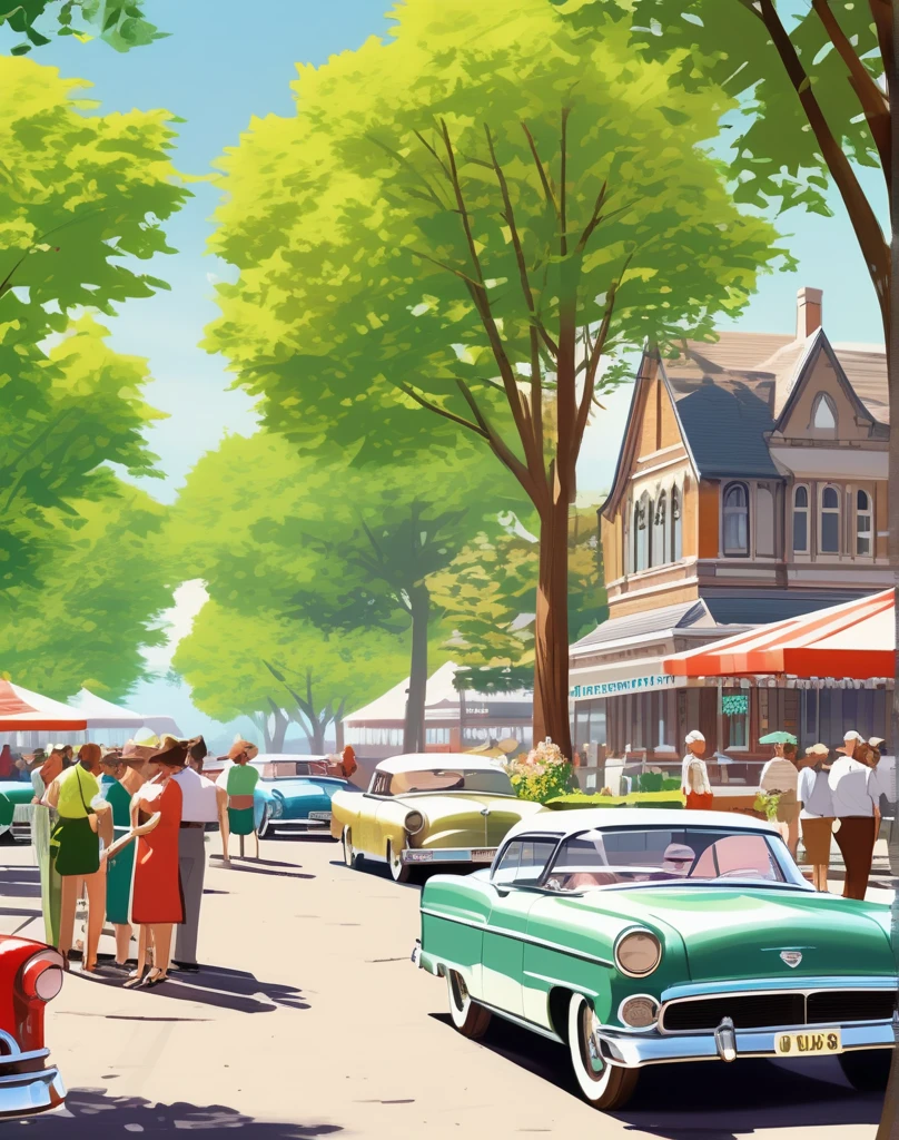 A classic car show set in the 1960s. Vintage cars in pristine condition line a sunny, tree-lined street. Spectators in period-appropriate attire admire the vehicles, and a retro diner sits in the background