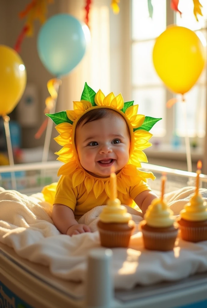  in sunflower costume inside an incubator celebrating his birthday 