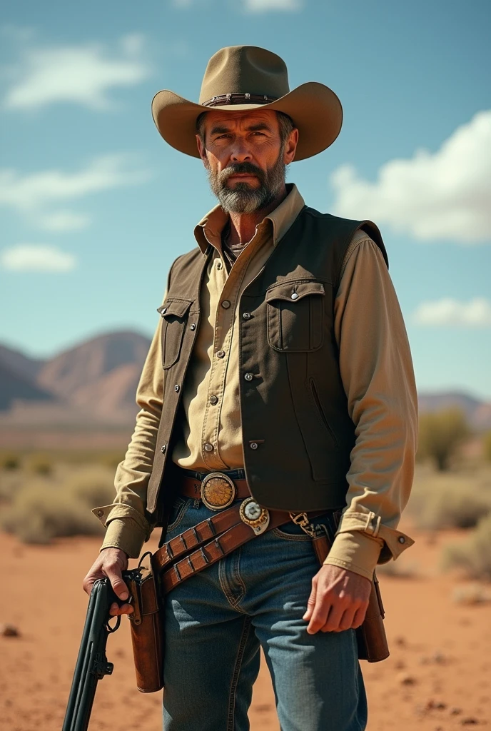 60 year Old man wearing cowboy outfit with the hat, he aiming with a shotgun with his right hand, he have two revolver on his hop in the holster, he have a short beard