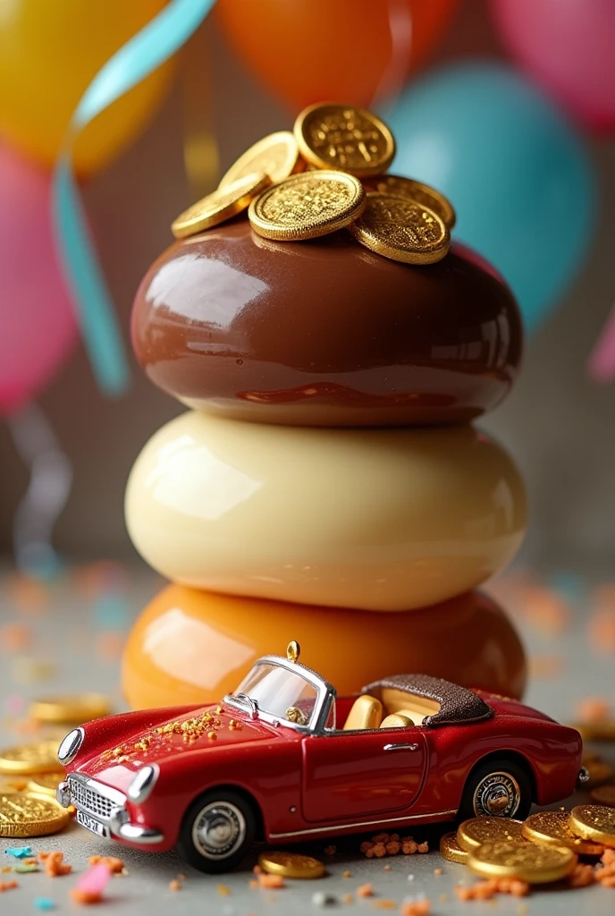 3 layers of pudding with convertible and gold ingots on top...Waiting for birthday congratulatory items
