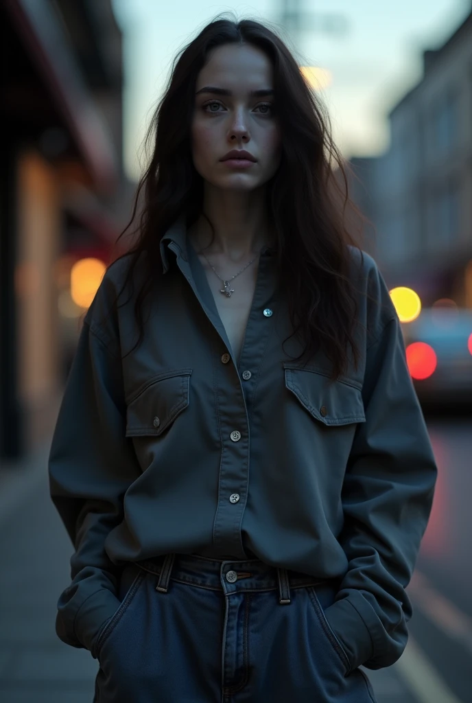 Alicia has , white almost pale well-defined jaw, round jabutica eyes, well-shaped and large mouth, always well-colored, upturned and well-made nose, introverted and a little mysterious, wears baggy clothes and is always serious.
Her hair is long and wavy at the ends..
