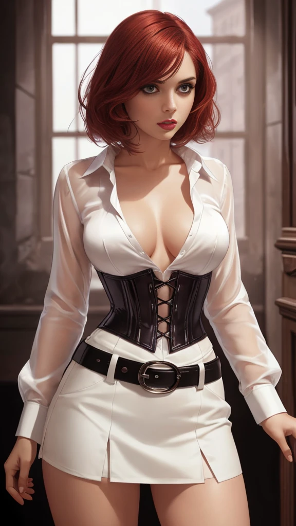 a gorgeous woman wearing a white silk shirt with a deep v neck, tiny white miniskirt, and a belt, cinched waist, dramatic lighting, photorealistic, high fashion editorial, crimson hair, vampire, corset, looking at camera, bobcut hair, undercut hair