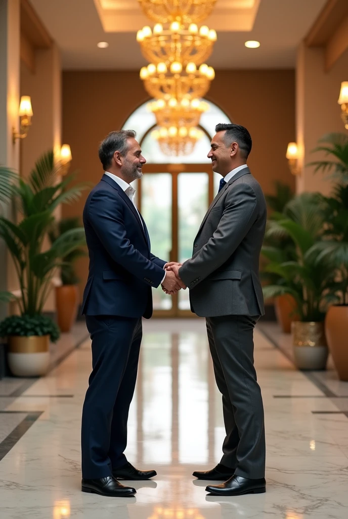 A hotel owner shaking hands with an investor.