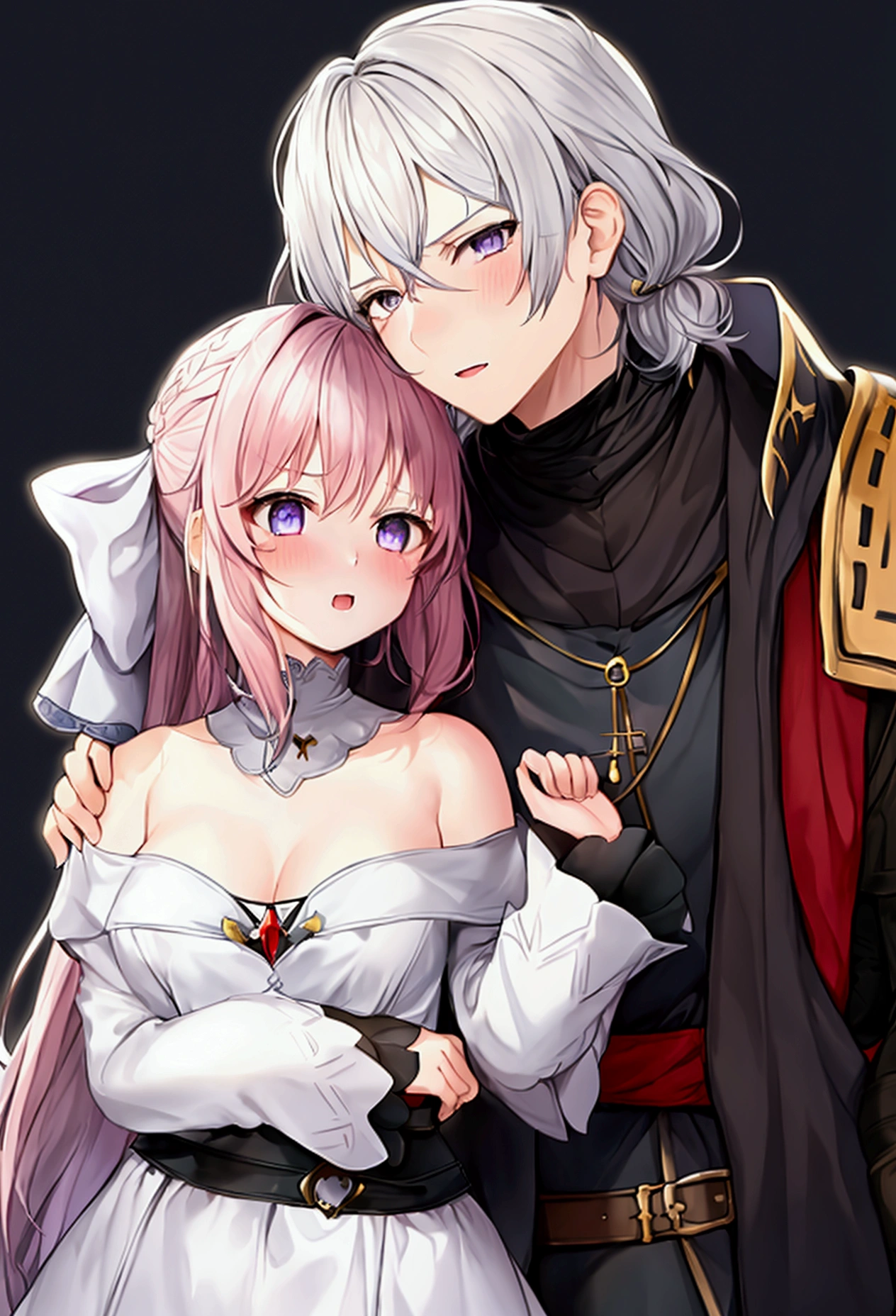 The image shows a minimalist style illustration with three characters in a medieval setting., all dressed in clothes appropriate to that era.
- **First character on the left:** She has short pink hair., with lilac eyes. In the first part of the image, This character tilts his head to kiss the girl's cheek in the center while calling her "Miss". His expression shows an affectionate gesture.
- **Character on the right:** This character has white hair with a small bow and black eyes.. In the first part of the image, holds the girl's cheek in a protective or possessive manner, as if he was trying to keep her close to him.
- **The girl in the center:** He has black hair with bangs that partially cover his forehead and black eyes.. She is dressed in medieval clothes, which reinforces the historical atmosphere of the image. In both parts of the illustration, She seems a little surprised but not uncomfortable., showing a slight blush on the cheeks.