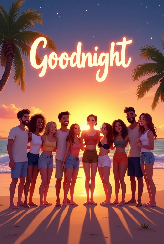 A group of 9 friends on the beach with a title written "goodnight" Pixar version