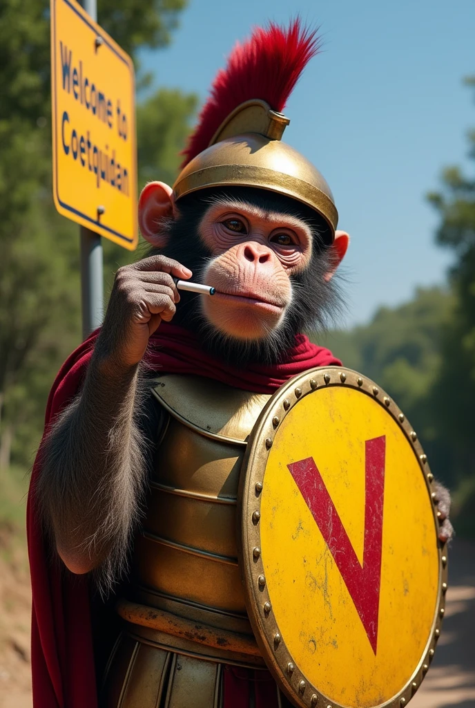 Je veux un singe réaliste habillé en guerrier spartiate exactement à la manière des soldats de Léonidas dans le film 300. Il doit porter un bouclier rond en métal jaune, marqué d'un V rouge mis pointe en bas et qui est le seul décors du bouclier. Ce singe se trouve à côté d'un panneau clairement lisible marqué "Bienvenue à Coetquidan". Il fume une cigarette, porte un casque d'hopplite grec se rentre un doigt dans le nez en rigolant. 