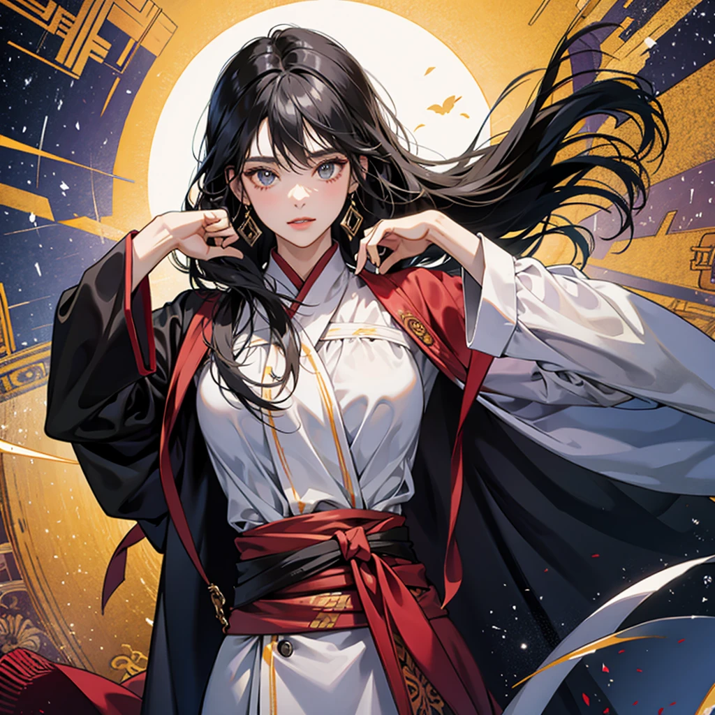 High resolution, 1 Female, alone, Hip Up, Displaying the viewer, (Detailed face), Black Hair, Long Hair, Taoist Robe,Larger clothes, jewelry, Portraits during the journey