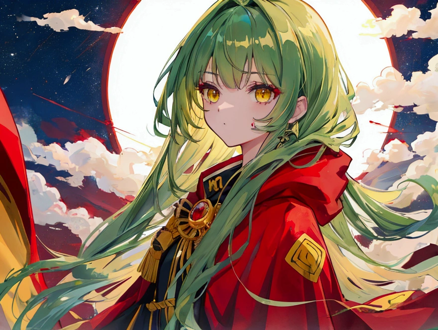 a girl with long dark green hair, yellow eyes,hair behind ear, アニメ, アニメ style, uhd, masterpiece, accurate, anatomically correct, super detail, high quality, high details, award winning, highres, best quality, 8k,Blood-red cloak，Bangs，Blood Moon in the sky，
