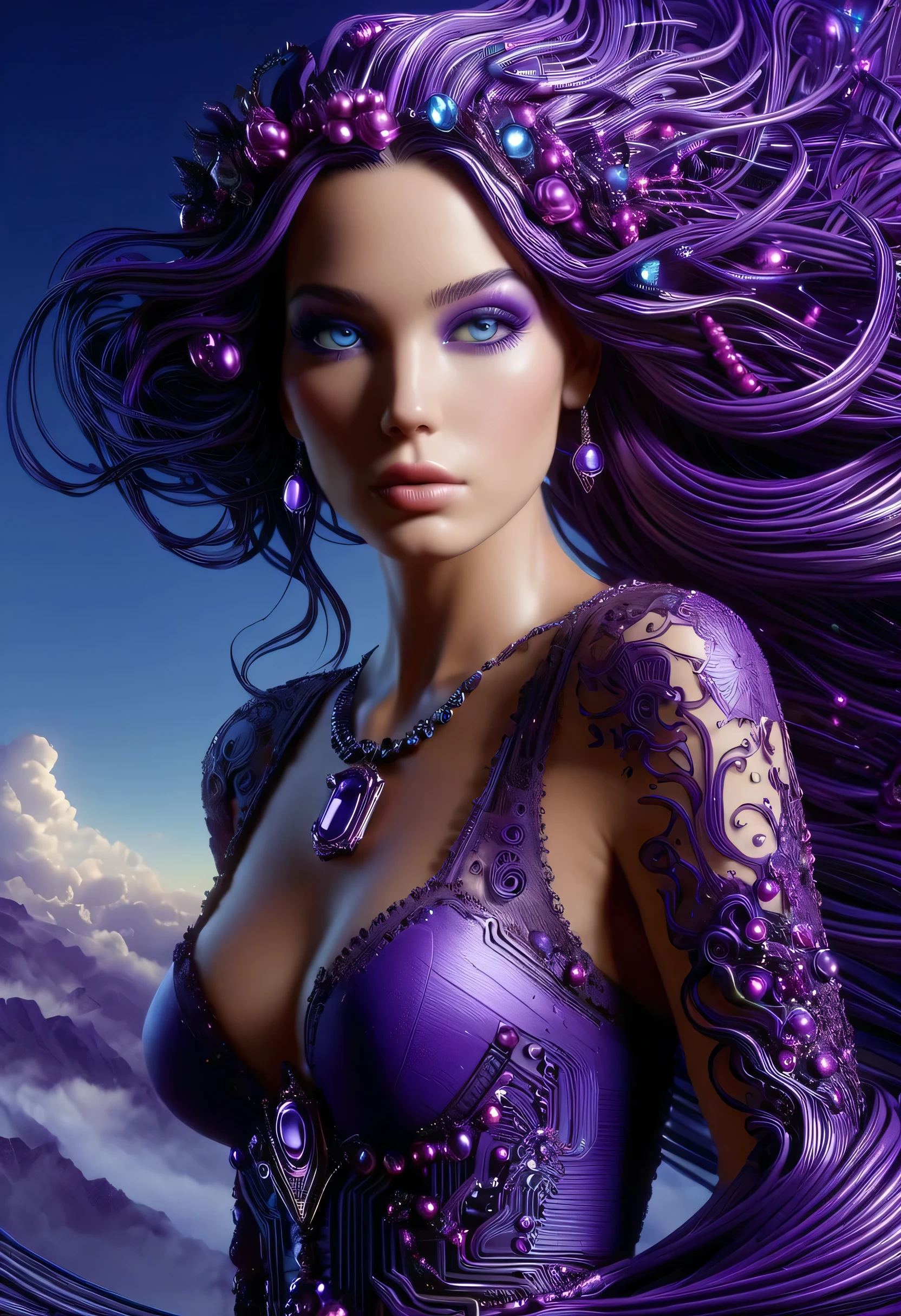Un portrait hyperréaliste d’une sublime femme heureuse et rayonnante , femme aux cheveux couleur violet sombre foncé très_long et très détaillés, ((long cheveux couleur violet foncé), portant une robe en dentelle faite en composants électroniques et accessoires circuitrytech, poitrine réaliste décolletée push-up , regard intense et sensuel , corps élancé, pose dynamique, proportions parfaites, masterpiece, hyperRéaliste, masterpiece, superior quality, high resolution, Extremely detailed, highly detailed 8K wallpaper, détails fractales,