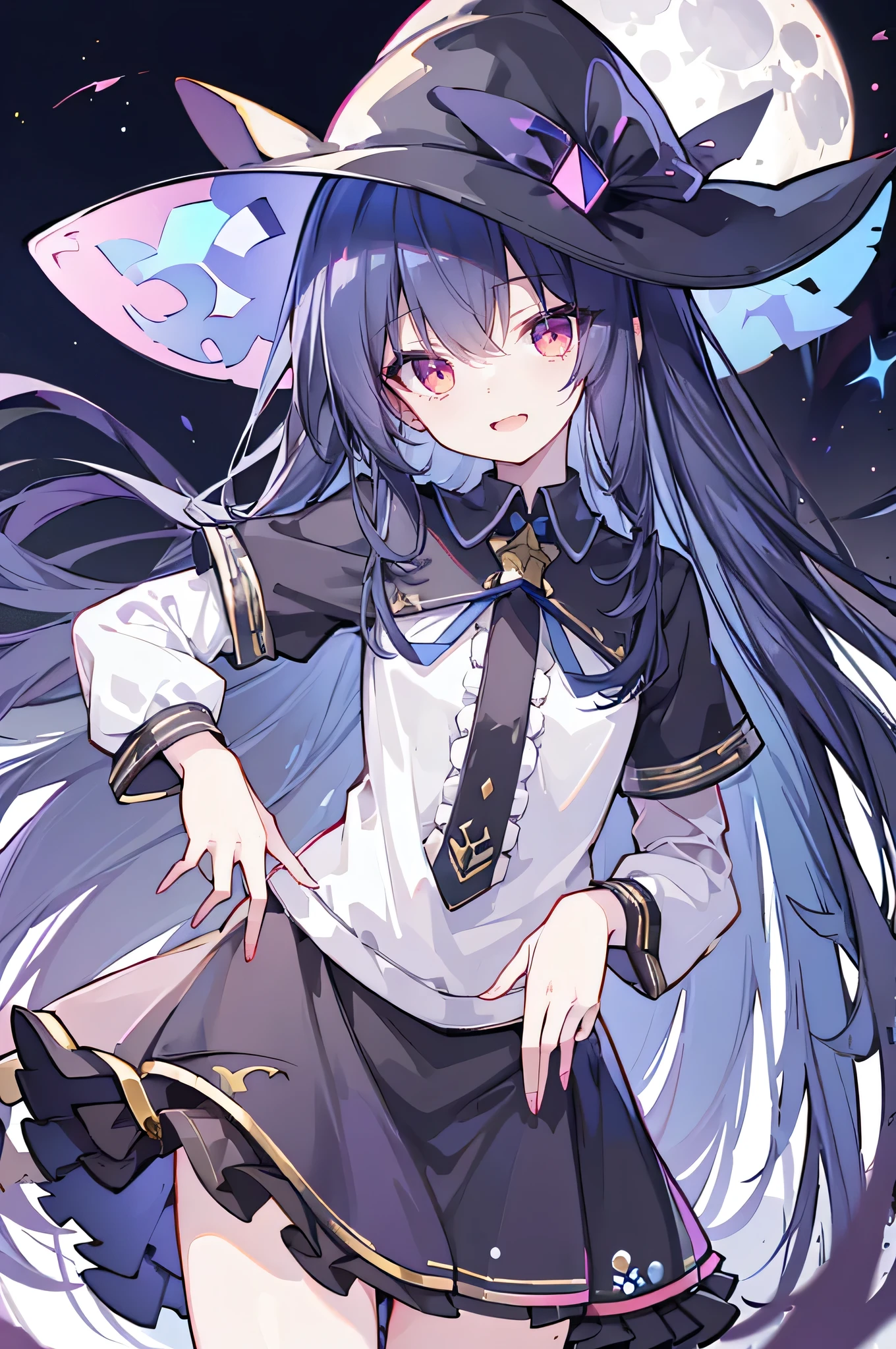 oung Girls,Humanity,A magician always smiles,big witch hat,cute,dark blue long hair,The eyes are dull,The bangs are heavy,Thin eyebrows,fantasy,intake,Double teeth,Star Theme,Constellation pattern,Solid color clothetal decoration,cloak,A bit of a dark atmosphere,A little crazy smile,When the big moon shines outside at night,blood,Hair black star embellishment,Short tie,No nails,High waist skirt,Bell sleeves,Long-sleeved shirt,Black tie,low risk,gentlemen。Mist、Yellow and white effect，Shocking pink as an accent color