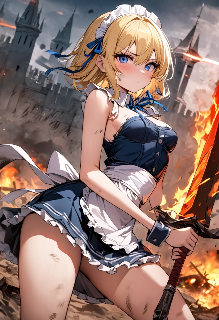 (8k, super high quality, masterpiece), (detailed), One Woman, Small breasts, Blonde, cute, Slightly longer, Blue ribbon, Apron dress, Maid clothes, Slash with a two-handed sword, Perfect Stance, Burning Battlefield, Castle Defense, My whole body is dirty., Torn clothing, A strong enemy in front of me, Deadly Combat, Intense Combat, Quite dirty, 