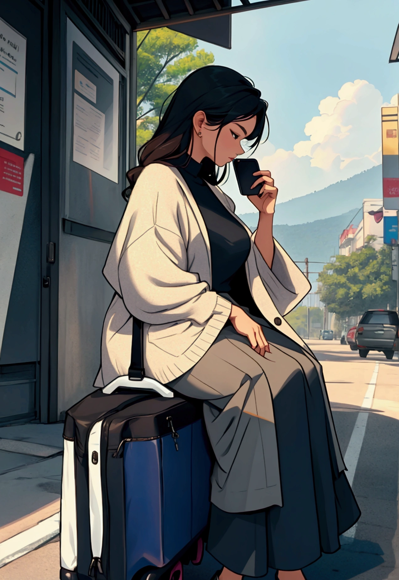A woman using a mobile app on her phone while waiting for a vehicle.