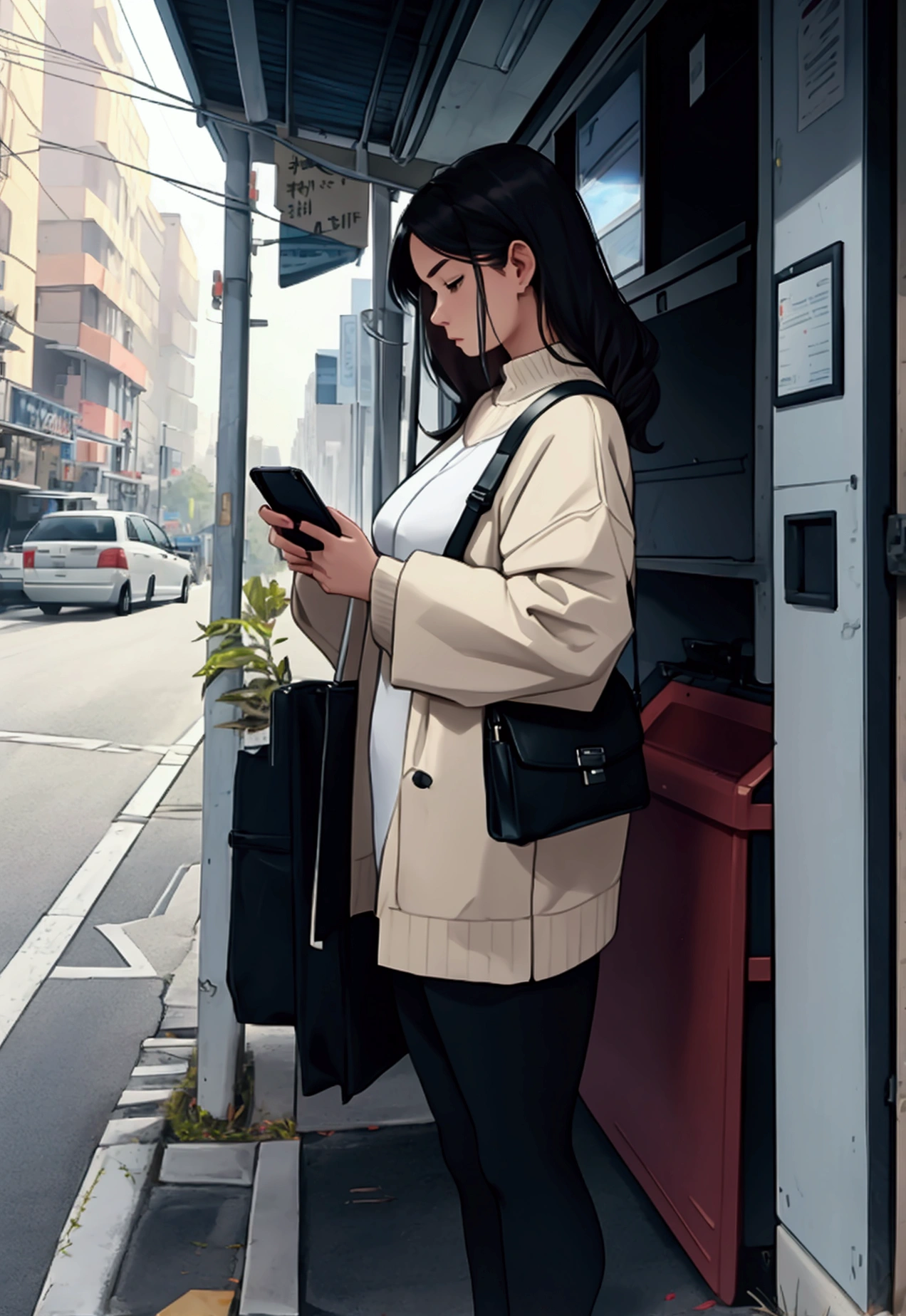 A woman using a mobile app on her phone while waiting for a vehicle.

