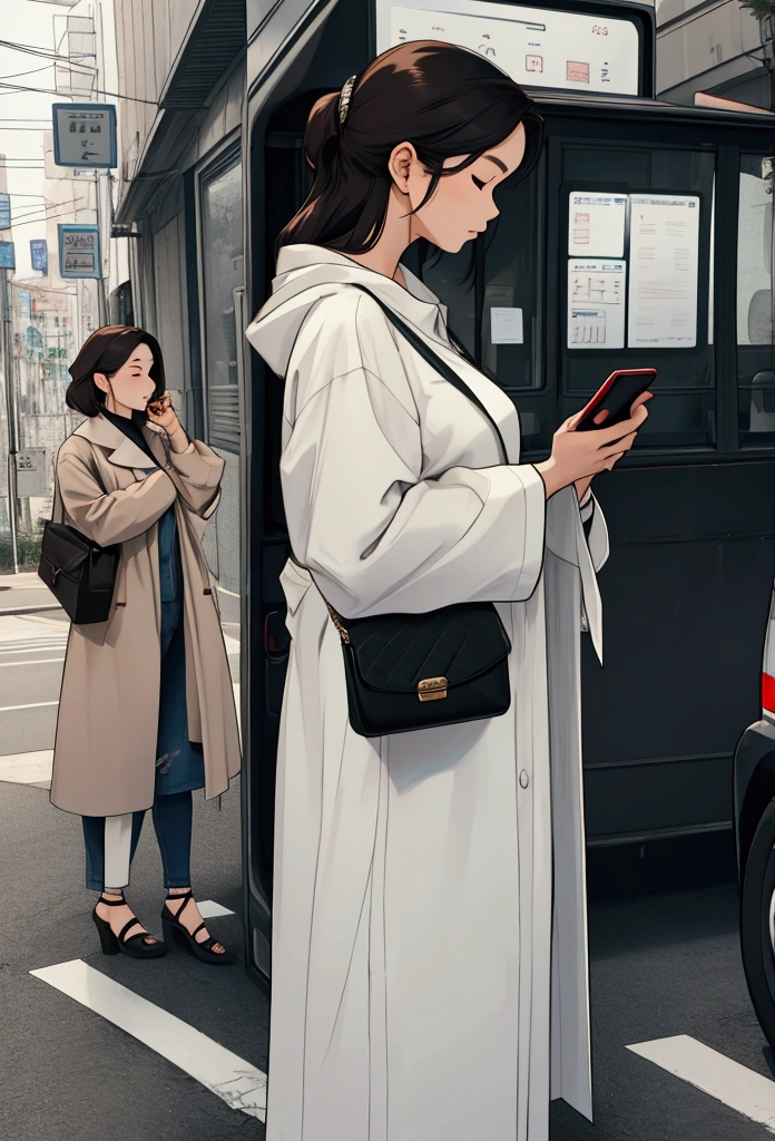 A woman using a mobile app on her phone while waiting for a vehicle.
