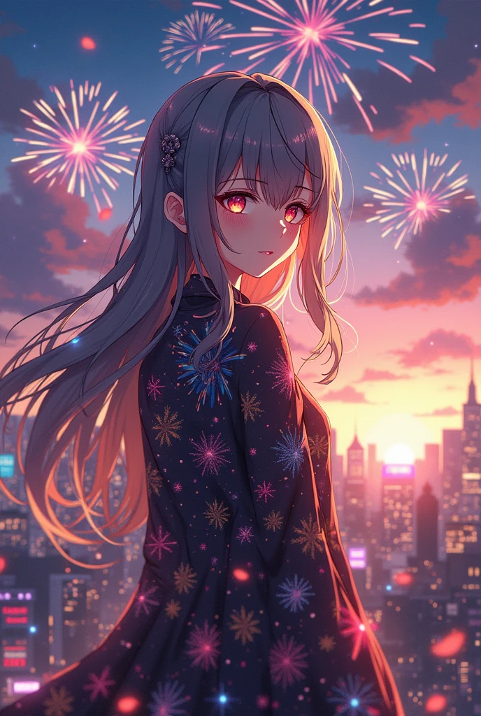 A genderless anime-style person with a fireworks motif