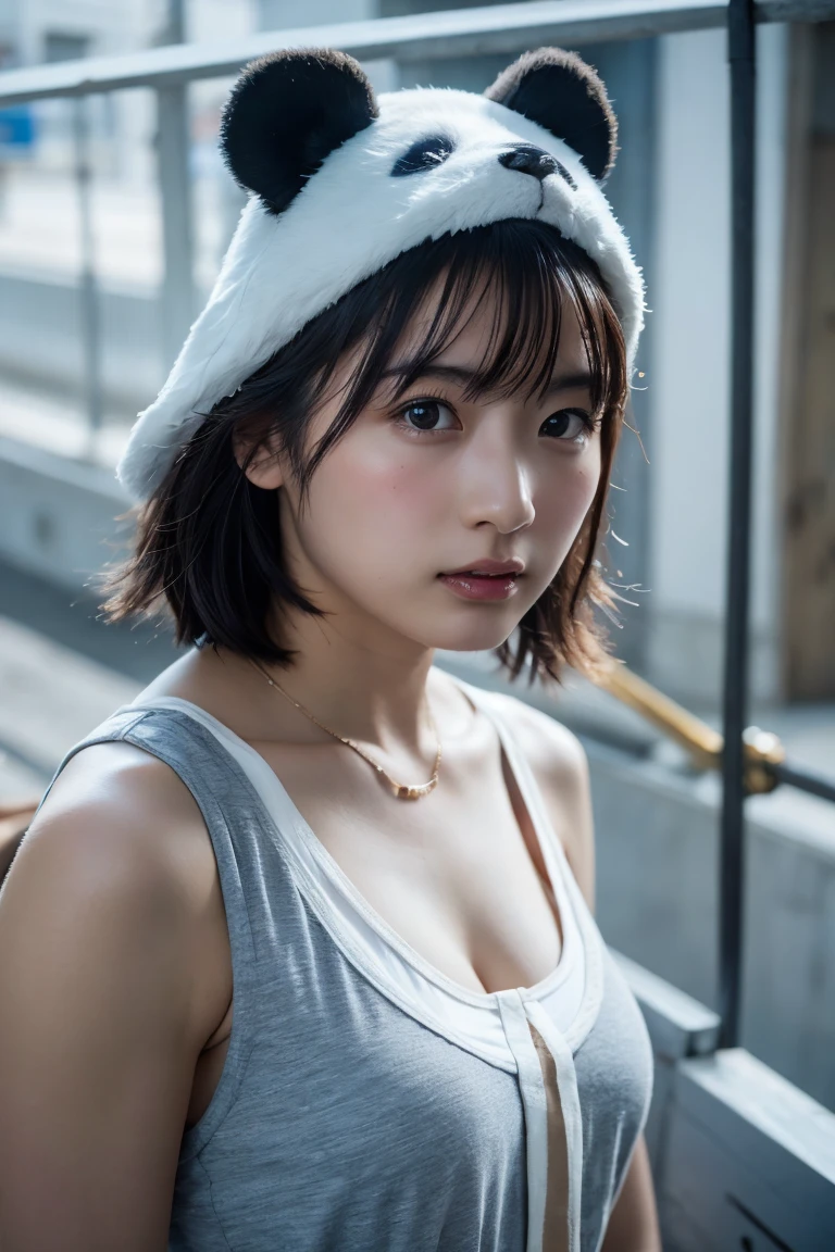 (8k, RAW Photos,Highest quality, High resolution:1.1), (Ultra-realistic:1.4),(Realistic, Realistic:1.3),The Beauty of Japan、((Upper Body:1.3)),look up、Shooting from above,from side,Panda costume