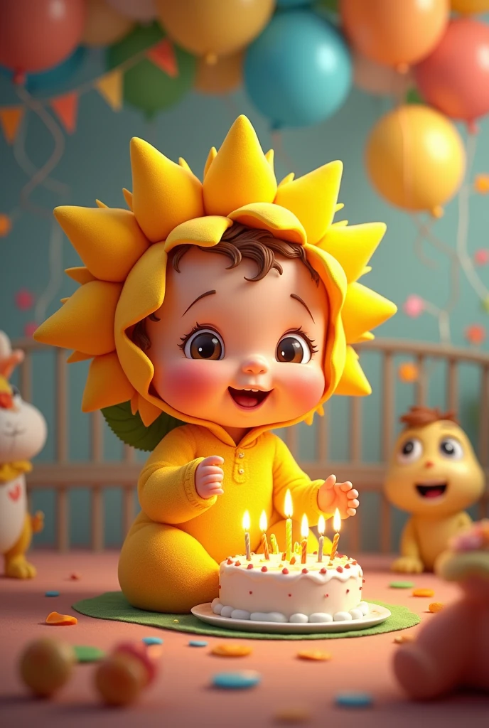 Baby cartoon wearing a sunflower costume inside an incubator celebrating his birthday