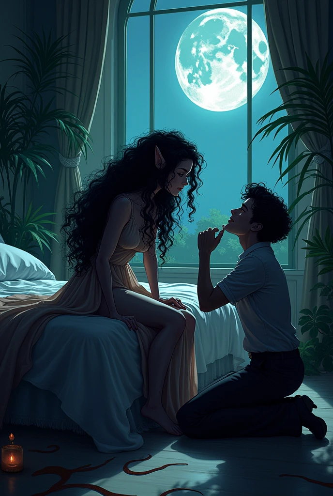 (photorealism:1.2), beautiful sly demon woman, sitting on bed, wearing loose off-shoulder top, pajama pants, long curly hair, cherismatic man on the floor on his knees for her , dark lighting, plants in background, window with moonlight, woman creasing the man's chin, retro anime cartoon style, intricate details, dark bright colors, by Greg Rutkowski, by Alphonse Mucha