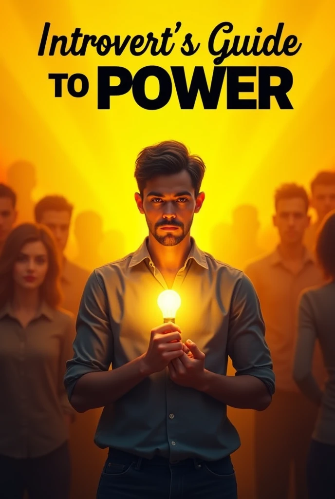 Color: A dynamic blend of bright yellows and oranges to represent energy, with a gradient to darker shades in the corners to draw focus.Text: "Introvert's Guide to Power" in a bold, black font with a yellow outline.Face Expression: A calm, focused person in the foreground, with a determined expression, standing out in a crowd of blurred, indistinct faces.Key Elements: The person should be holding a glowing object (e.g., a light bulb or book) close to their chest, symbolizing their inner strength.
