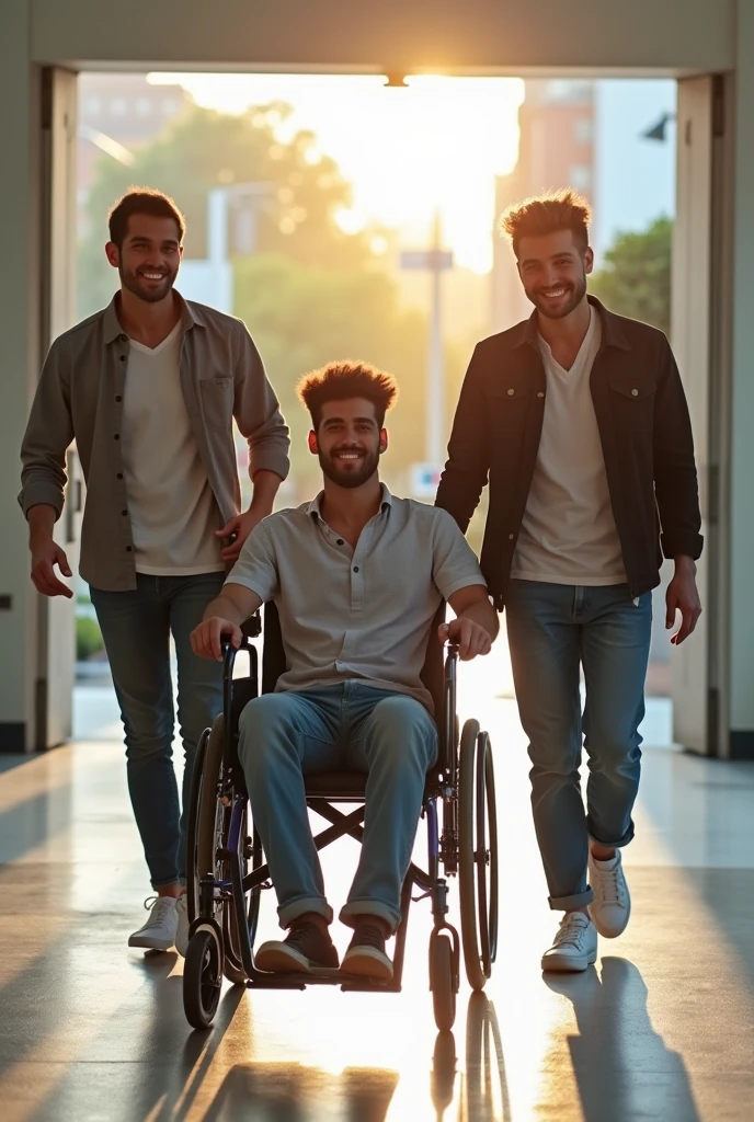 Image depicting a 19 year old man in a wheelchair who has the support of 3 male friends leaving a hospital