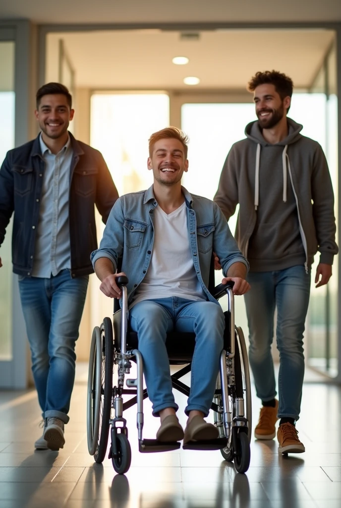Image depicting a 19 year old man in a wheelchair who has the support of 3 male friends leaving a hospital
