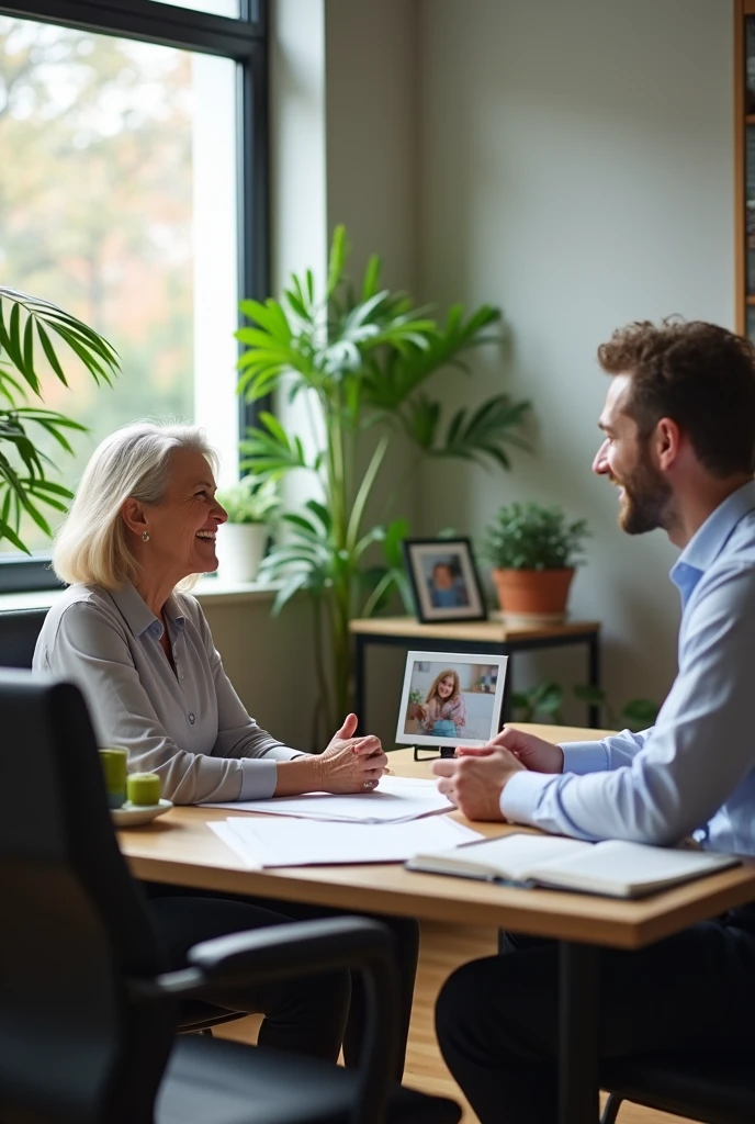 A woman in her late 50s or early 60s, dressed in business-casual attire, sits across from a lawyer in a modern, well-lit office. She looks relieved and hopeful as she discusses her retirement plans with the lawyer, who is attentively reviewing documents. The lawyer, a professional-looking man in his 30s or 40s, is offering clear guidance, with a reassuring smile. The scene is warm and welcoming, with a few personal touches in the office, like family photos and plants, emphasizing the supportive and caring environment.