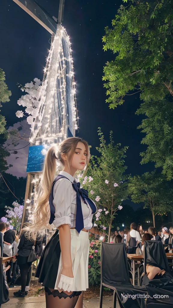 a beautiful detailed girl wearing a school uniform with a white shirt and black skirt, standing outside at night with a starry sky background, her semi-long light hair in a ponytail with a blue ribbon, her shy expression highlighting her beautiful detailed eyes and face, natural lighting creating a soft glow, the scene including purple petals and blue and purple flowers, the girl wearing black pantyhose and loafers, with thick thighs and large breasts, and red eyes