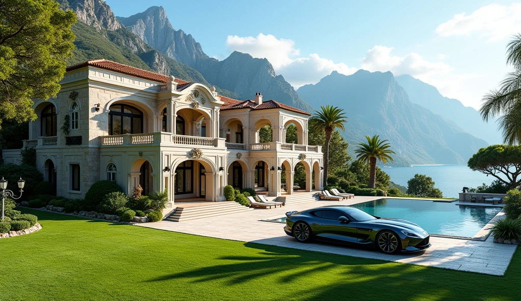 luxury mansion with a luxuary car parked in front of it, green yard with trees, behind sea and mountains, luxury pool, luxury lifestyle, luxurious environment, luxury architecture, rich, huge mansion, rich style, luxury and elite, extremely opulent, luxurious, hyper luxurious, majestic masterpiece, wealthy, luxury, stunning grand architecture, exquisite masterpiece, flaunting his wealth, inside a grand, architectural masterpiece