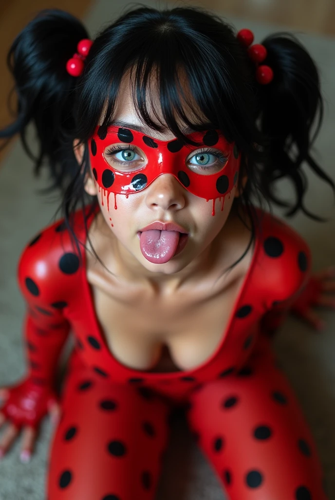 most beautiful Marinette Dupaine-Cheng aka miraculous ladybug, 24yo, on her knees, looking up at the camera, (most detailed beautiful half-closed eyes:1.2), slight smirk, desire, perfect mouth open, in position as if trying to catch raindrops that are not there on her tongue, (tongue covered in very thin runny clear glue, dripping down all over her bare ample chest:1.2), hands behind her back, sticking her breasts out to create a large area for the viewer to aim at, sitting on her feet, viewer squirting long thin ropes of clear glue across her face and chest from the tip of his penis, perfect puffy nipples, shot directly overhead, gorgeous, very cute, most attractive, most arousing, sensual, intimate, alluring, lascivious, appealing, enticing, tempting, (tip of the viewer's erect penis visible in the bottom of the shot:1.3), very tight red-with-large-black-polka-dots bodysuit, shiny black hair in double bun pigtails with locks of hair framing her face, red-with-black-polka-dots eye mask, brilliant blue eyes, large breasts squished together by her clothing, most perfect detailed lips, gorgeous, very cute, ((nipple pokies))