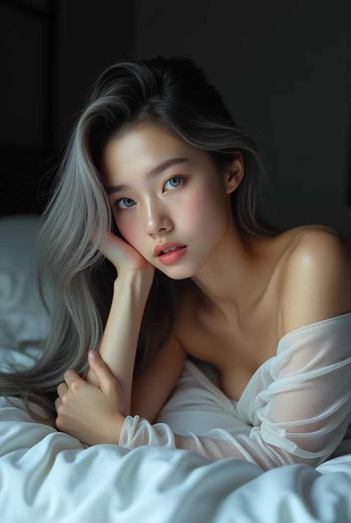 Overhead beautiful korean girl, 20 years old, lie down on white sheet, long ash grey wavy hair, sexy pink moist lips, detailed beautiful face, detailed blue eyes, detailed skin texture, light make up, arm up, sexy body, small breasts. She's covering her body with a white transparent scarf, can see her body curve. Pleading eyes, slightly open mouth, looking at the viewer. The sheet is white, night time, very dark room, High contrast, ultra sharp focus, arms up, small breasts. Side lighting studio cast a ((shadow and highlight area)), lie down on white sheet, arms up