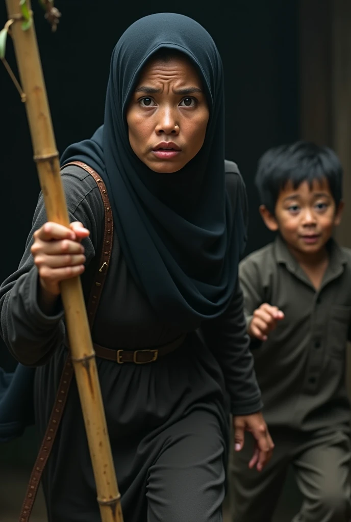 a asian muslim mother holding a bamboo cane chasing a small asian muslim child with an angry face, the running away in fear, detailed facial features, dramatic lighting, cinematic composition, moody atmosphere, high contrast, photorealistic, award winning photograph, 8k, HDR