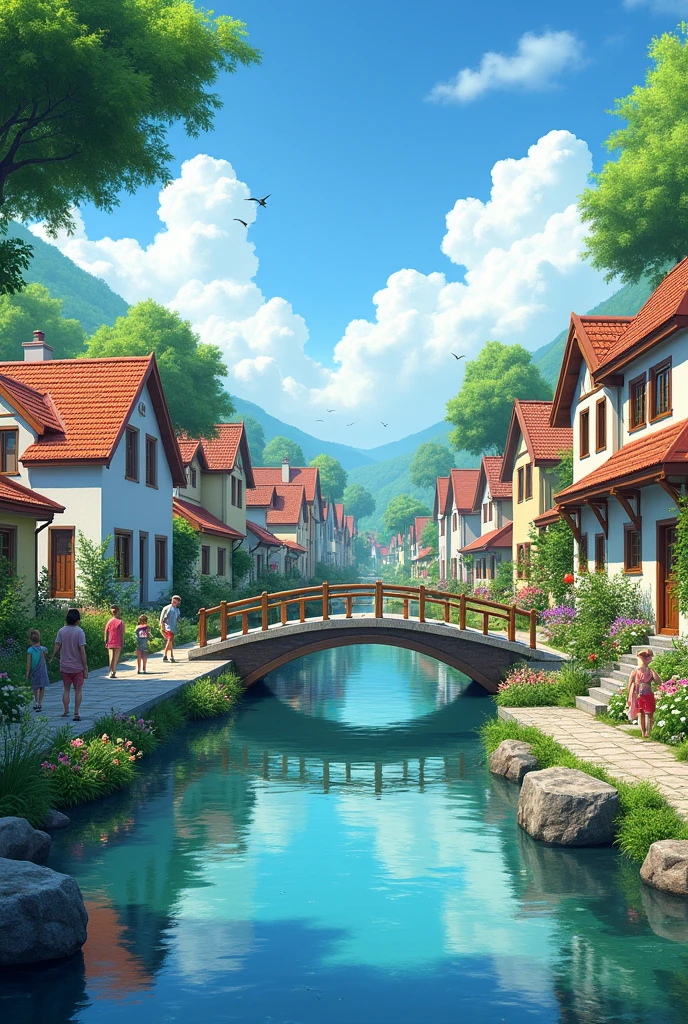 Community Aquatic Animal Research Center, has many houses next to the canal, On both sides of the canal are houses and communities, There is a small cement bridge across the canal.