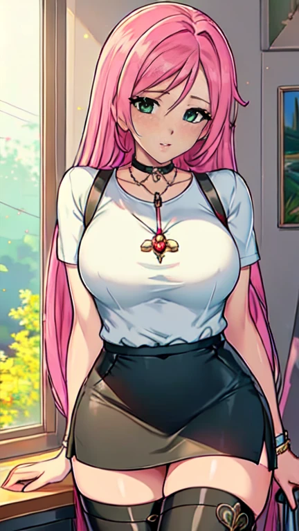 Masterpiece, raw, beautiful art, professional artist, 8k, art style by sciamano240, very detailed face, very detailed hair, 1 woman, perfectly drawn body, beautiful face, long hair, pink hair , very detailed green eyes , rosey cheeks, intricate details in eyes, playful smile, looking directly at viewer , in love with viewer expression, lipstick, jewelry, tshirt, black pencil skirt, thigh boots, sunny day, posing standing next to window, office setting, full body view, suspenders