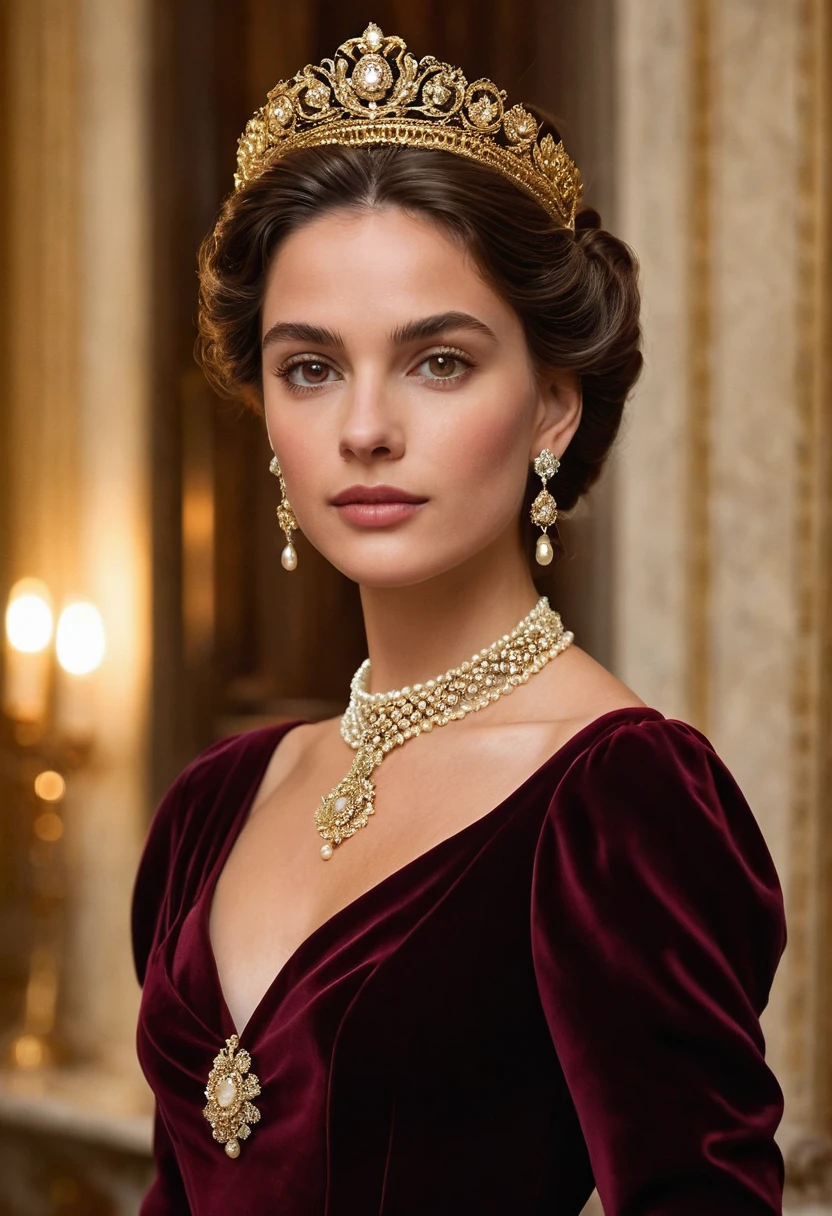 Create a highly detailed portrait of an Italian princess in a royal, historical setting. The princess has a fair complexion with warm, olive undertones, and her deep brown eyes are captivating, radiating confidence and grace. Her hair is styled in an elegant updo, with a few soft curls framing her face. She wears an intricate, golden tiara, adorned with delicate patterns and small jewels, perfectly placed atop her head.Her outfit is a luxurious, deep burgundy velvet gown, rich in texture and detail. The gown features intricate lace embroidery throughout, particularly on the high collar and along the neckline. The collar is adorned with fine lace that rises gracefully around her neck, adding a touch of regal sophistication. She also wears a set of layered pearl necklaces, with the central piece featuring a gold and pearl pendant, hanging just below her neck. Her earrings are matching pearl drops, subtle yet elegant.The background is softly blurred but suggests a grand, historic Italian palace with warm, golden lighting that casts a soft glow around her, highlighting her royal demeanor. The overall mood is one of timeless elegance, luxury, and noble poise, capturing the essence of Italian royalty."