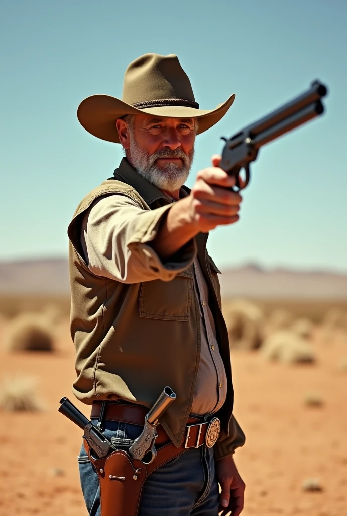 60 year Old man wearing cowboy outfit with the hat, he aiming his shotgun he have two revolver on his hop in the holster, he have a short beard