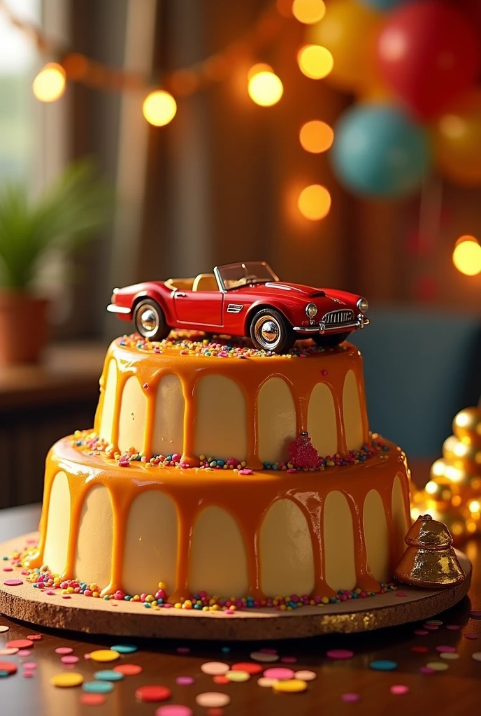 3-tiered pudding-shaped cake with convertible car and gold ingot on top...Waiting for birthday congratulatory items