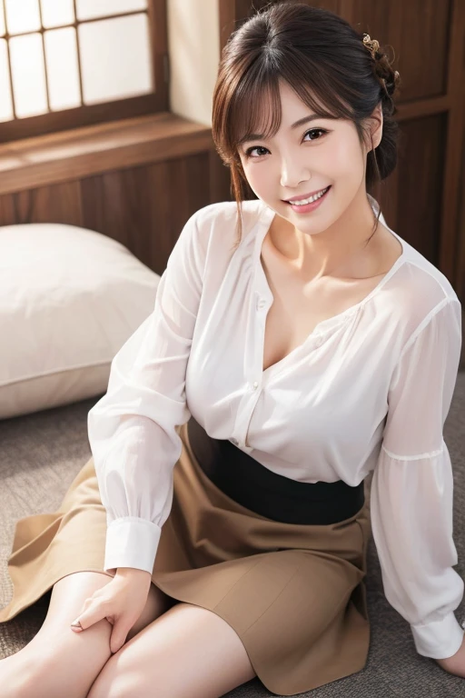 masterpiece、High resolution、Photo quality、Realistic、Beautiful Japanese Woman、Mature Woman、(Detailed eyes、Eyes of Reality)、(smile:1.4)、((Above the knee shot))、blouse、Sexy chest、Cotton tight skirt、Updo、(((Lying on one&#39;s back on the bed、Lying on one&#39;s back on the bed、Lying in bed)))、((Photo taken from a ceiling camera))、((Photo taken from directly above))、Beautifully shaped thighs、