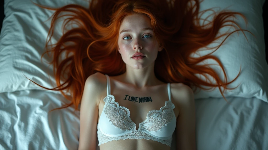 (Kristina Pimenova red hair young girl,13 years in stunning white lace lingerie:1.6), (naked, naked:1.8), (unclothed, not good:1.8),(long, messy hair, hair floating in the wind:1.6), blue eyes, detailed eyes, detailed lips, (lies naked, sensual, Whole body:1.5), (photo from different angles:1.5), (lies in a creepy and scary gothic bed, fog:1.6), neckline, ray tracing, (Best Quality, 4k, 8k, High resolution, masterpiece:1.2), Very detailed, (realist , photorealist, photorealist :1.37), HdR, HD, masterpiece, professional, vivid colors, bokeh, studio lighting, has a tattoo that says "I LOVE MONDA"