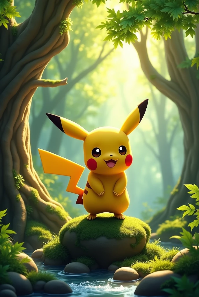 In a lush, vibrant forest, Pikachu, the small yellow Pokémon with pointy ears and a lightning bolt-shaped tail, stands on a moss-covered rock. The dense canopy above filters soft sunlight, casting dappled light across Pikachu's bright fur. Surrounding Pikachu are towering trees with thick, twisted roots and lush green foliage. Nearby, a small stream gently flows, reflecting the warm golden light of the forest. Pikachu’s large, expressive eyes are wide with curiosity as it gazes into the distance, its cheeks slightly glowing with a faint, playful electricity."