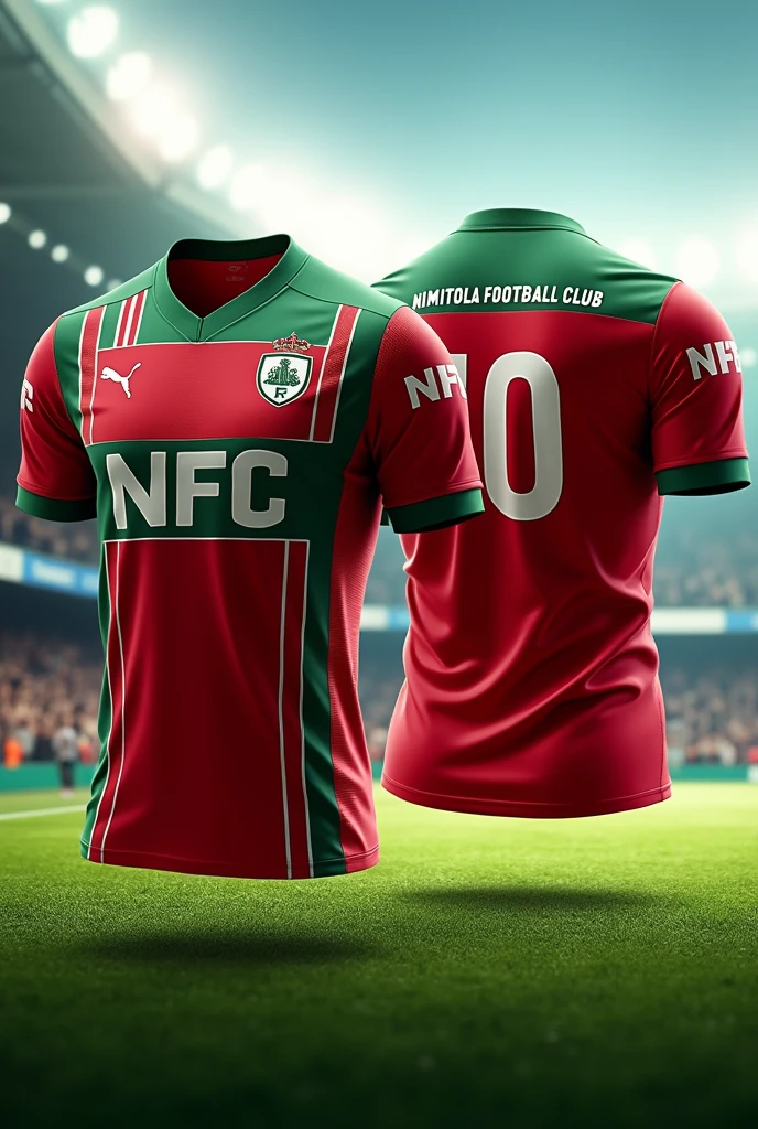 Make a Jersey red & green combination. Add logo text is NFC & slogan is NIMTOLA FOOTBALL CLUB front view & back view 10 & NIMTOLA FOOTBALL CLUB
Front view & back view full view of Jersey
