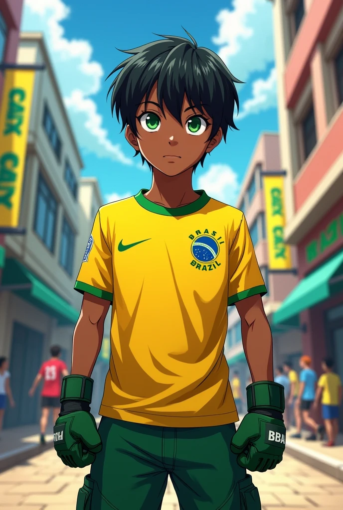 Make an anime style boy with dark skin and green eyes with a Brazil shirt, straight hair, green tactical pants and mma gloves