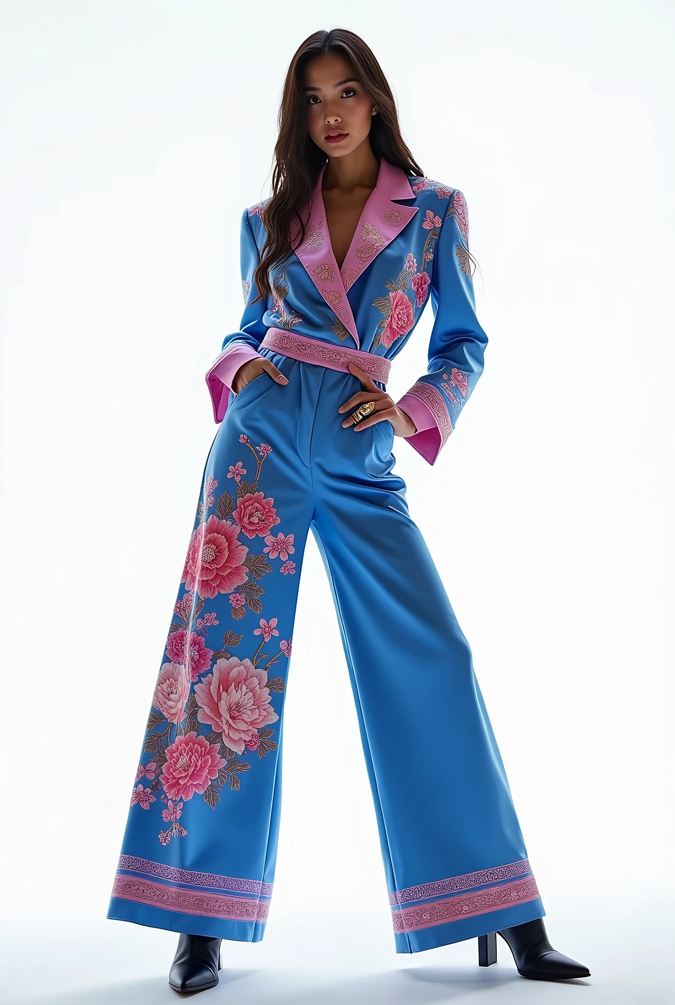 korean model girl wearing blue pink suit with lot of chinese pattern ,class ,elegant ,model , oversize pants , posing for photo , cinematic , white background , rings , high boots , , full body ,