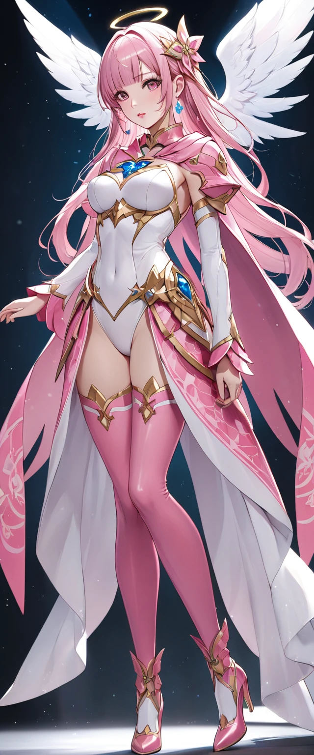 (Perfect Anatomy)、Mastepiece、Ultra High Quality、 8k、masterpiece、Highest quality、Ultra-high resolution、Maximum resolution、Very detailed、Professional Lighting、anime、woman、thin、so beautiful、Highly detailed eye、Highly detailed face、Golden earrings、Pink Hair,、Pink eyes、Detailed costume patterns、Mid-chest、Blue jewel on chest, makeup, eyeliner, eye shadow, pink cheek, pink lips, upper arm pink armor, white leotard, pink pattern, full body, magical girl, Angel Girl, Are standing, pink thigh high stockings, white super long boots, pink gauntlet, high heels, blunt bangs, Hime cut, bridal hair accessory, paladin robe, Random Pause、Beautiful attention to detail