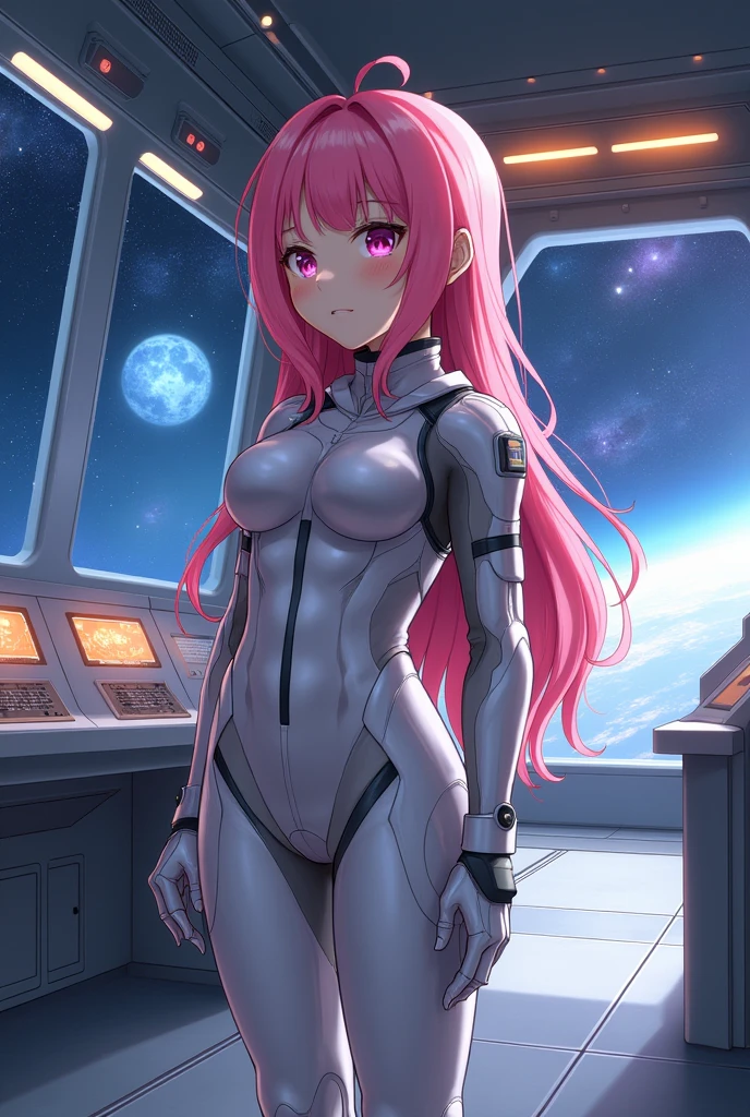 Anime girl nude try wearing space suit