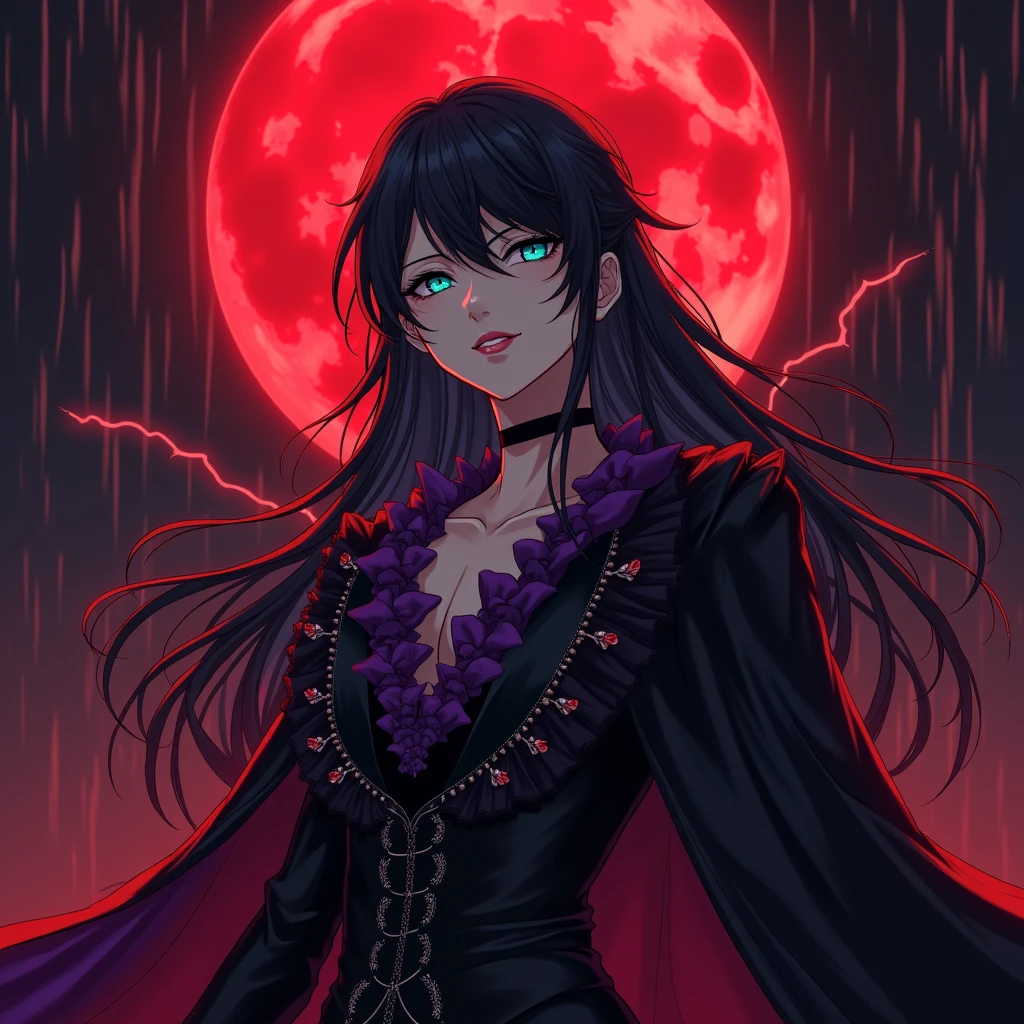 A sexy young male, long black hair, teal blue eyes. Gothic clothes. (Male) (no facial or body hair)) masterpiece, best quality, ultra-detailed, best shadow), (detailed background) (purple and black) pretty handsome. Sexy Cute. No facial hair. No body hair. Wink. Seductive. Sexy. Pale and white skin. Smirking. Anime style. Blood. Vampire. Sexy. Death note style. Pink lips. SENSUAL. Purple and black gothic frilly clothes. Long lashes. Sexy pose. Shiny. Vampire Prince. Seductive. Male. Shiny. Long boots. Delicate facial features. Kiss. Red moon. Fangs. Sexy male. Angelic facial features. Male. Make it male. Sexy pose. Blood pouring down from the sky. It's raining blood. Thunder. Red.
🥺